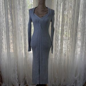 Sweater Rib Knit Slinky Front Twist Wrap Long Sleeve Dress